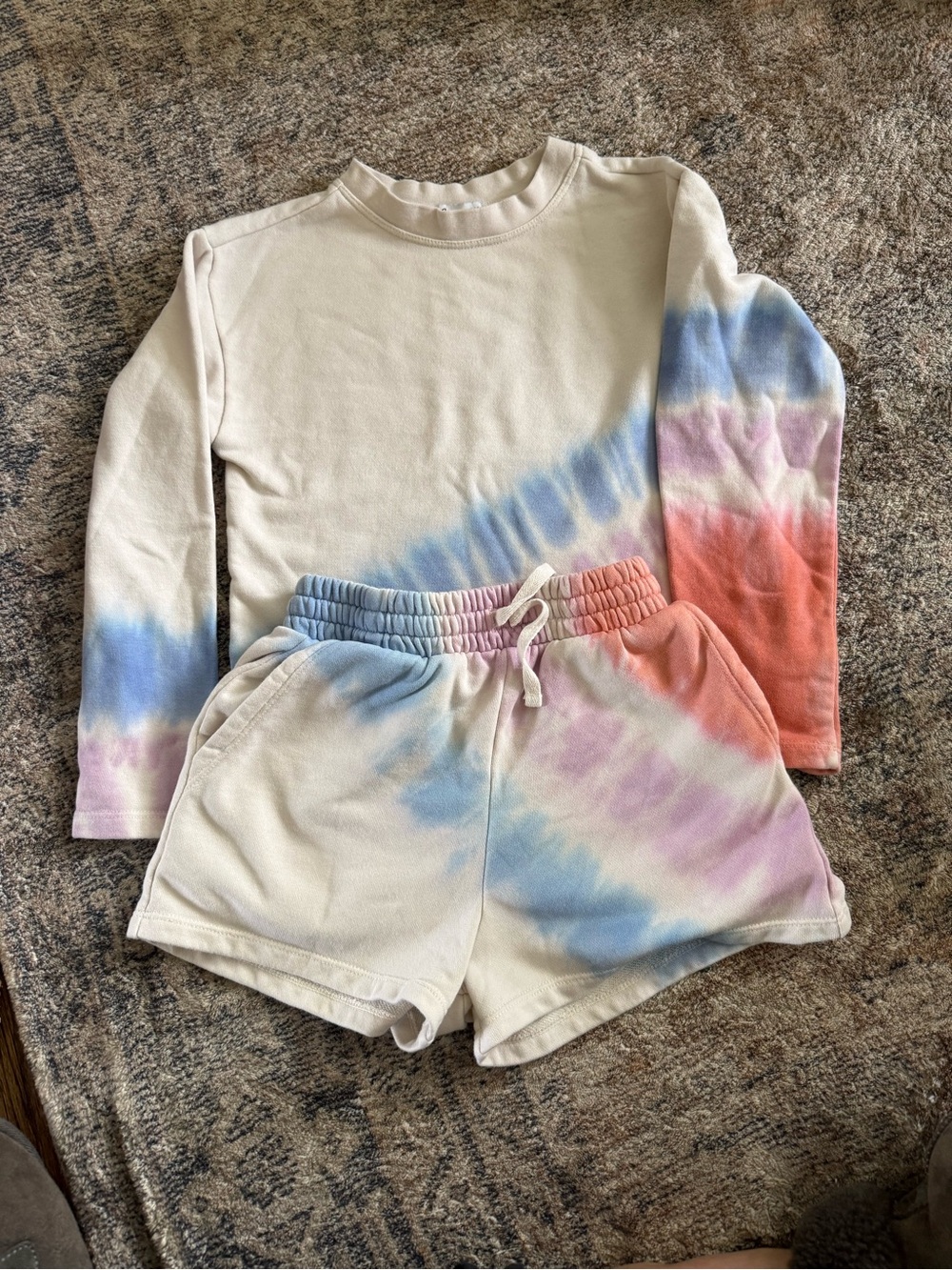 Splendid Tie-Dye Cream Top & Shorts Set with Blue, Pink, and Coral Accents